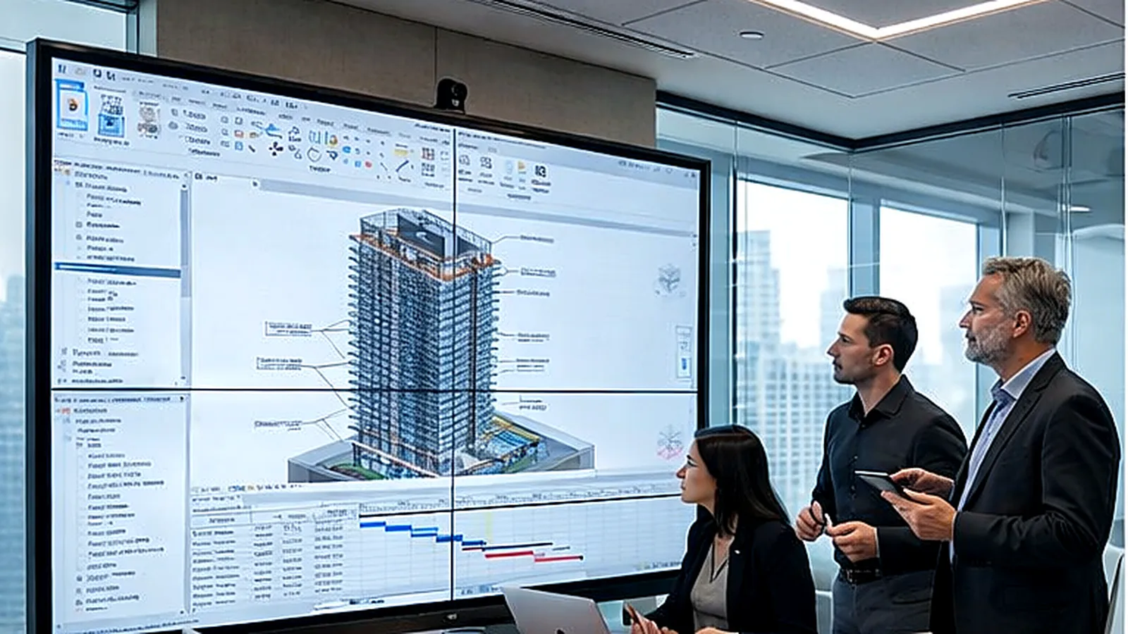 Equipo profesional revisando un modelo BIM y planificación de proyecto